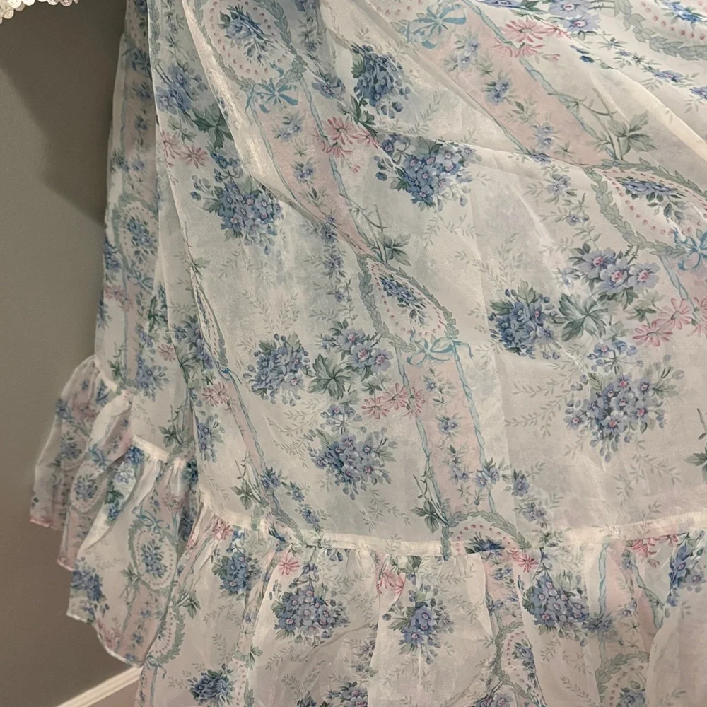 Selkie La Belle Etoile French Puff Sleeve Mini Dress in Soft Blue White Sheer - Picture 9 of 16